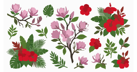 Elegant Pink Magnolia and Red Hibiscus Flowers Vector Illustration with Tropical Foliage © Wahida