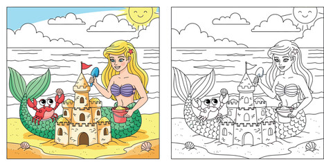 Obraz premium Cute Mermaid and Crab Building Sandcastle on Sunny Beach - Coloring Book Fun