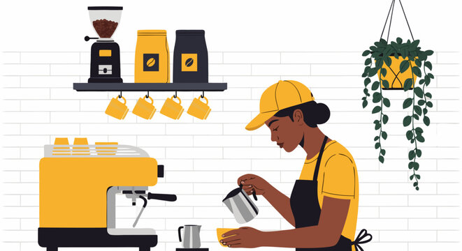 Barista making coffee in a cafe, vector illustration, professional coffee preparation