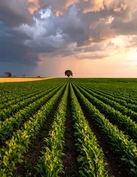 A serene agricultural landscape with a tree under a stormy sky