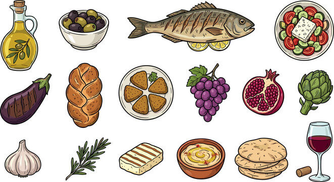 Mediterranean Diet Cuisine Vector Illustration Icon Set Featuring Fish, Olive Oil, Salad, Hummus, Peta Bread, Wine, and Vegetables for Healthy Cooking Menu Designs