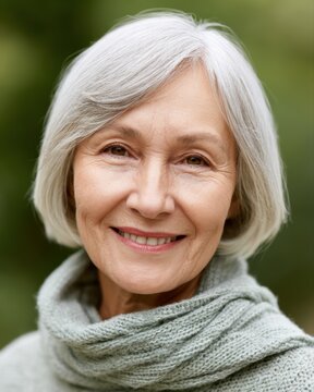 Authentic portrait of a smiling senior woman enjoying retirement lifestyle outdoors, positive aging concept