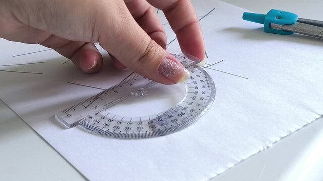 Student or designer drawing a project sketch with pencil and protractor ruler on paper, learning, creativity and technical drawing concept.
