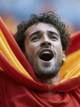 Spanish supporter celebrating passionately with scarf raised high during an international football final