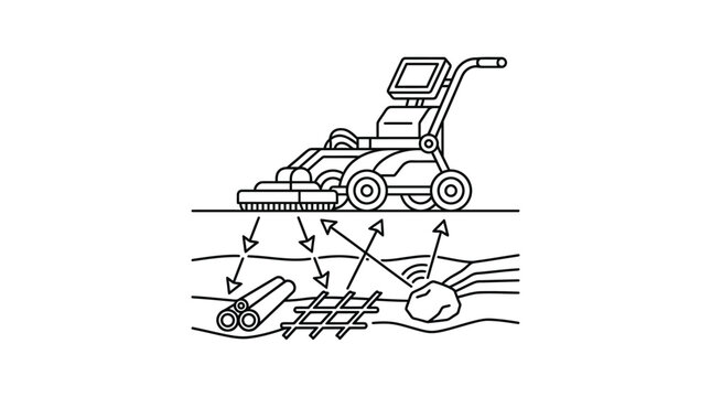 Line drawing of GPR cart scanning underground utilities.
