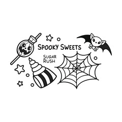 Naklejka premium Spooky sweets typography with a bat and spider web