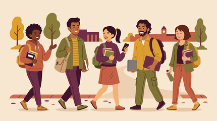 Fototapeta premium Diverse group of university students walking and talking on campus with books and backpacks, perfect for education website, academic blog and student recruitment banner