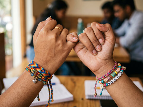 Close Up of Friends Making a Pinky Promise with Handmade Friendship Bands Representing Loyalty Trust Emotional Connection and Friendship Day Traditions
