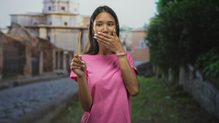 Fototapeta premium Thai woman holding a bamboo toothbrush with hand covering mouth on historic cobblestone street; self care surprise.