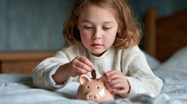 A reflective moment of a young child diligently inserting coins into a piggy bank, symbolizing the values of saving and financial responsibility in a warm and cozy home environment.