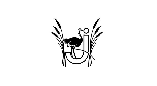 Black and white ostrich logo with wheat stalks.