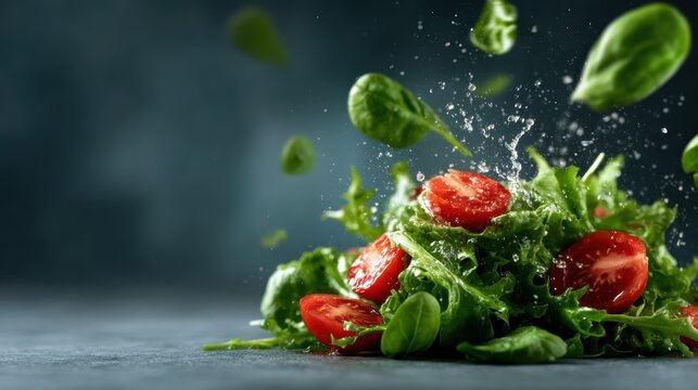 An action shot capturing a vibrant salad mix of fresh spinach and succulent tomatoes, splashing water for a refreshing, healthy image representing vitality and freshness.