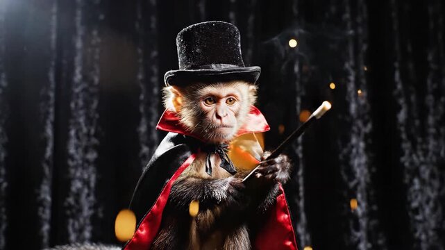 Capuchin Monkey Magician in a Top Hat and Cape Casting Sparks From a Wand on Stage