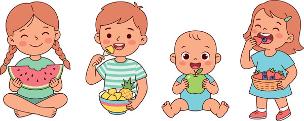 Cute Happy Children and Toddlers Eating Healthy Fresh Fruits Set Vector Illustration for Kids Nutrition Educational Books School Posters and Healthy Lifestyle Designs © MstAlif
