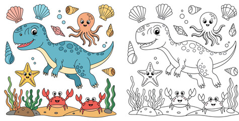 Obraz premium Cute Cartoon Dinosaur with Underwater Sea Creatures and Colorful Shells
