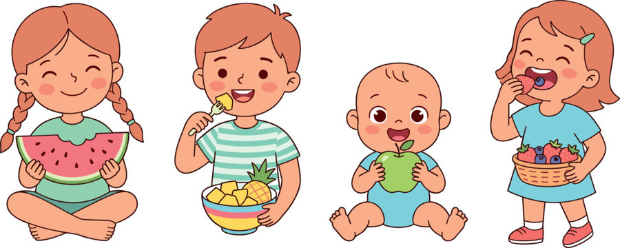 Cute Happy Children and Toddlers Eating Healthy Fresh Fruits Set Vector Illustration for Kids Nutrition Educational Books School Posters and Healthy Lifestyle Designs
