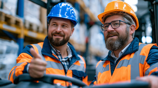 Factory floor safety officer demonstrating correct forklift spotter protocol to new warehouse operative beside loaded pallet racking aisle, occupational risk training, logistics safety culture, manu