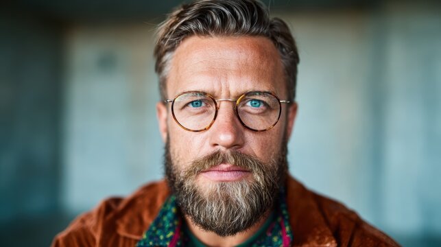 A close-up portrait of a man with glasses and a well-groomed beard, exuding confidence and charisma in a soft, naturally lit environment that emphasizes his captivating presence.