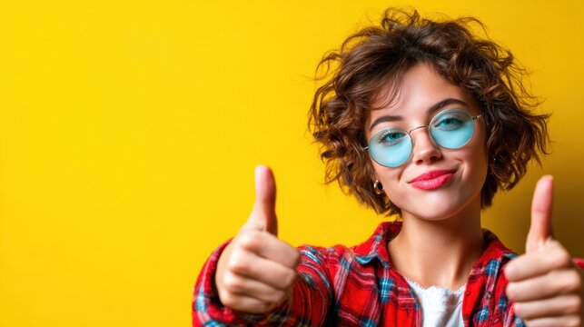 A cheerful young woman in a stylish plaid shirt poses confidently with thumbs up against a vibrant yellow backdrop, radiating positivity and self-assurance in her demeanor.