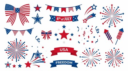 Fototapeta premium Patriotic collection of independence day graphic elements featuring fireworks ribbons bows and stars.