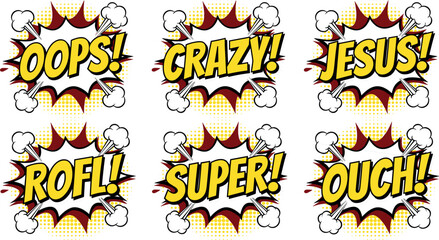 Comic Book Explosion Speech Bubble Text Effect Vector Icon Set Featuring Oops Crazy Jesus ROFL Super and Ouch Expressions in Yellow Pop Art Halftone Bursts © MstAlif