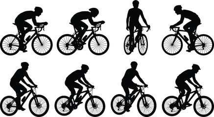 Fototapeta premium Bicycle Rider Silhouette Vector Icon Set Featuring Road Racing and Mountain Biking Cyclist Poses for Sports Graphic Designs