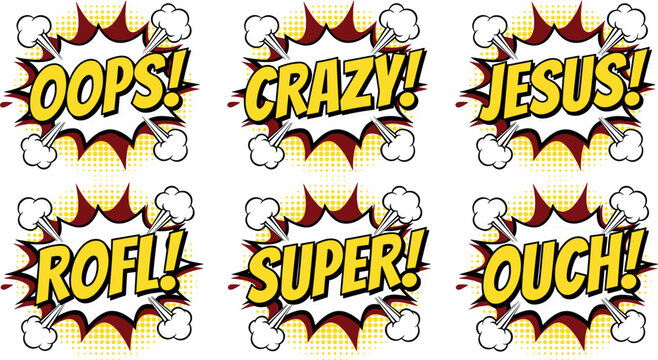 Comic Book Explosion Speech Bubble Text Effect Vector Icon Set Featuring Oops Crazy Jesus ROFL Super and Ouch Expressions in Yellow Pop Art Halftone Bursts