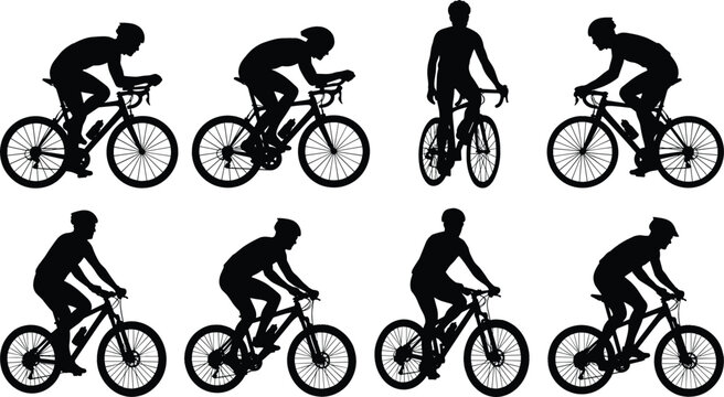 Bicycle Rider Silhouette Vector Icon Set Featuring Road Racing and Mountain Biking Cyclist Poses for Sports Graphic Designs