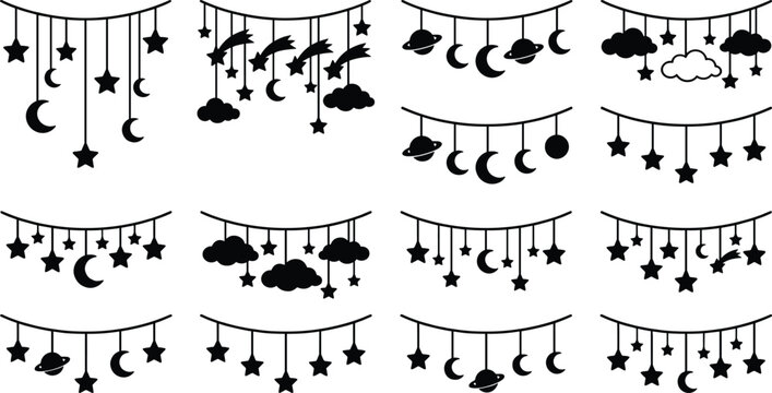 Celestial Hanging Garland Silhouette Icons with Stars, Moons, Planets, and Clouds