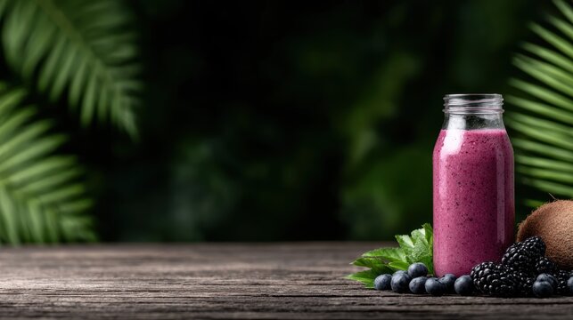 A refreshing berry smoothie is set against lush greenery, beautifully displayed in a clear glass bottle, showcasing vibrant colors that entice the viewer's taste buds.