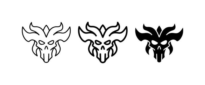 Demon Skull Icons, Gothic Horror Symbols, Evil Creature Emblems, Vector Art Set