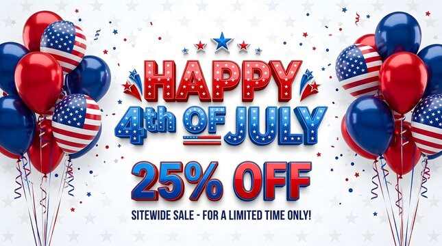 Happy Fourth of July sale with colorful balloons and stars