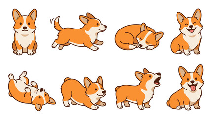 Fototapeta premium Cute corgi dog puppies cartoon character set animating various adorable poses including sitting, running, sleeping, playing, barking, and standing, illustrating pet emotions