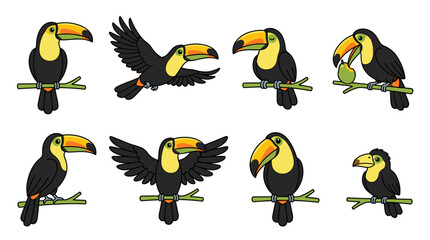 Obraz premium Cartoon toucans set, iconic tropical birds illustrating various actions like perching, flying, and eating fruit, representing exotic wildlife and nature