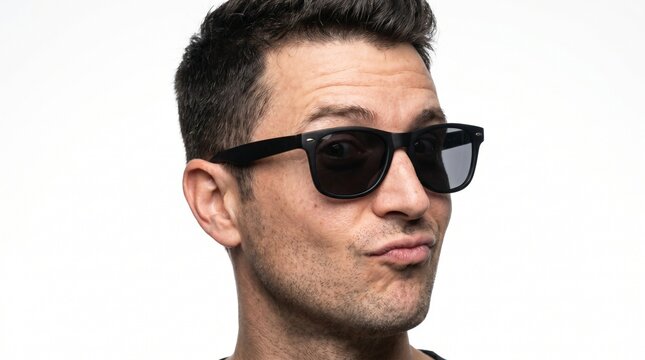 A man with dark hair and stubble wearing black sunglasses, making a humorous expression with pursed lips, looking to the side against a white background.