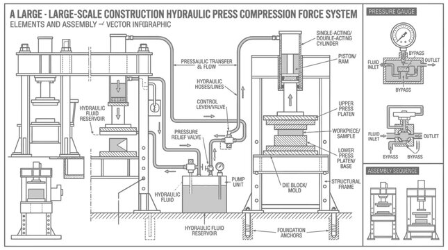 Detailed infographic for industrial hydraulic press compression.