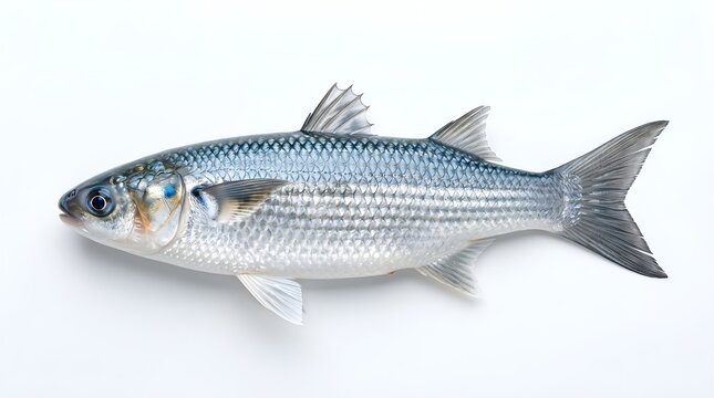 A single fresh mullet fish isolated on a white background.