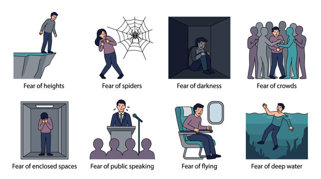 People are illustrating various specific phobias and anxieties. Showing individuals reacting to fear of heights. Arachnophobia. Nyctophobia. Agoraphobia. Claustrophobia. Glossophobia. Aviophobia
