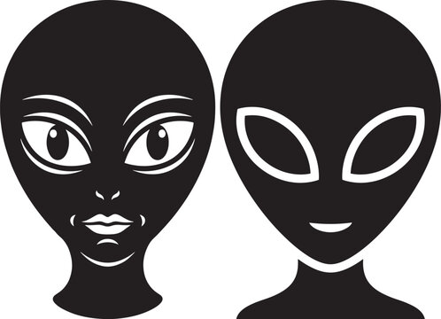 Two alien heads one detailed face one simple with black and white science fiction outer space intelligent life alien abduction