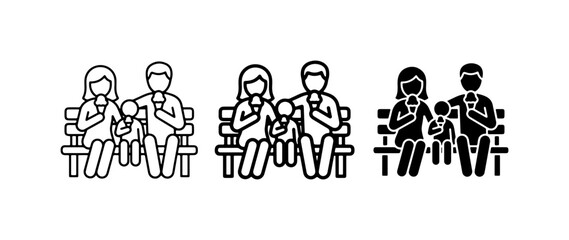 Fototapeta premium Family Icons, People Sitting on Bench Eating Ice Cream, Vector Set