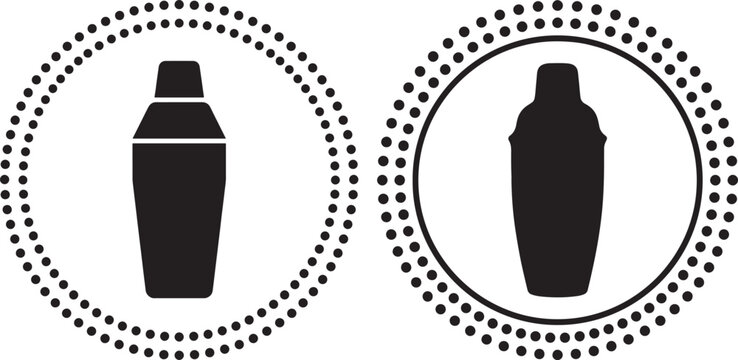 Minimalist circular icons of bar cocktail shakers in black silhouette with cocktail silhouette isolated beverage bartender