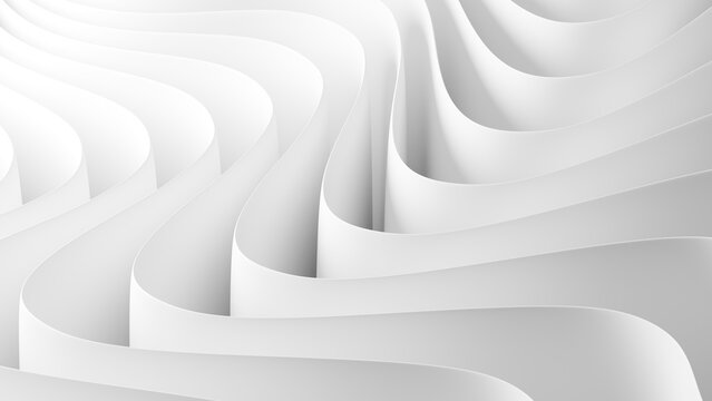 Abstract 3D white wavy layered structures background, ideal for medical technology banner, clean corporate presentation, or minimalist product backdrop