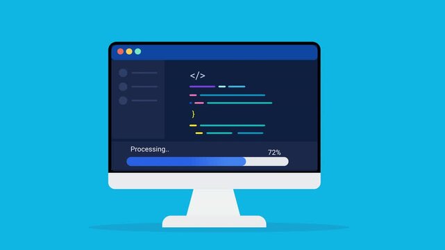 Animated flat vector illustration of a desktop monitor displaying source code, processing status, and progress tracking. Modern software development and programming workflow concept.