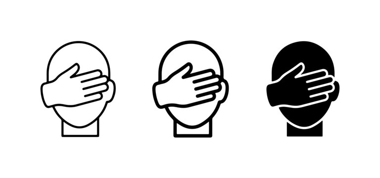 Three Icons: Facepalm, Covering Eyes, Avoidance Symbol, Human Head Silhouette, Hand Gesture, Simple Line Art