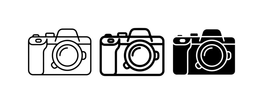 Camera Icons Set: Line Art, Outline, and Solid Black Vector Graphics for Photography