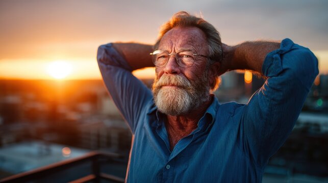 A contemplative mature man with glasses reflecting and enjoying the sunset while surrounded by an urban skyline, showcasing introspection and connection with nature.