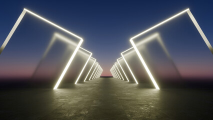 Fototapeta premium Abstract 3D futuristic outdoor corridor with glowing neon light gates at sunset, ideal for gaming background, technology banner, or music event backdrop