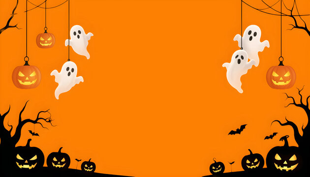 Halloween corner border with hanging pumpkins, spiders, and bats on orange background