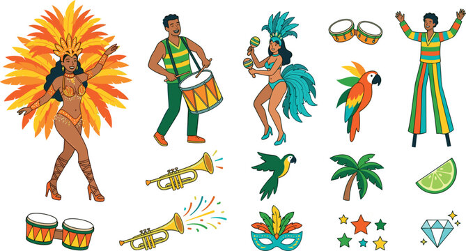 Brazilian Carnival Parade Vector Illustration Set Featuring Samba Dancers Drummer Musician Trumpet Stilt Walker Parrot Mask and Tropical Icons for Rio Festival Designs