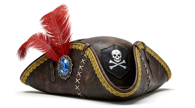 Vintage brown leather pirate tricorn hat with skull badge and red feathers isolated on white background.